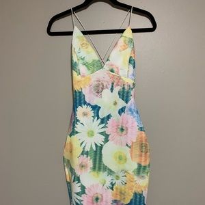 Flowery tight stretchy yellow/green strapy dress